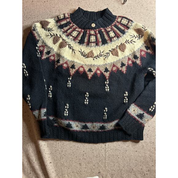 Vintage St. John’s Bay Henley Sweater Small Black Acorn Tree Forest Scene - Picture 1 of 7